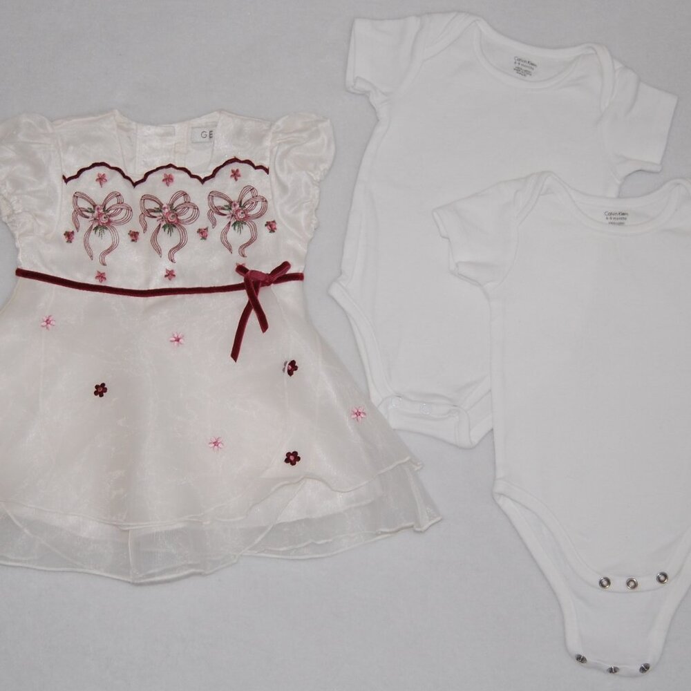 NWOT Infant Girls 6-9M Bundle - 2 Calvin Klein Onesies & George Dress